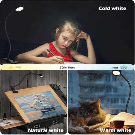 Aougo – Lampada da scrivania a LED con clip flessibile a 360° – 3 modalità di illuminazione – 10 livelli di luminosità – Protezione per gli occhi – Alimentazione tramite USB (1/4)