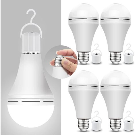 Ampoules LED de secours rechargeables – Lot de 4 – 15W, 1500 mAh – E27, crochet – S'allument en cas panne – Blanc jour (1/5)
