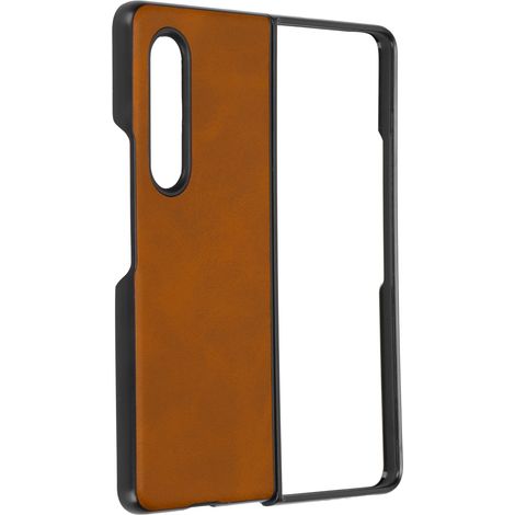 Étui de téléphone texturé en cuir de vachette bicolore, résistant aux rayures et aux chocs, adapté au Samsung Galaxy Z Fold 3 marron. (1/5)