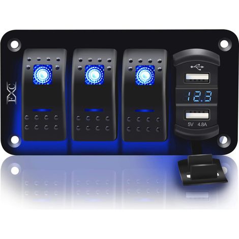 Panneau en aluminium avec interrupteur à bascule triple, voltmètre, double port USB (4,8 A) à charge rapide, rétroéclairage LED bleu, pré-câblé et étanche IP65 pour applications marines, bateaux, voit