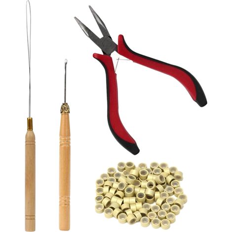 Lot de 4 Crochets à Cheveux Bois Pointe Courbée + 4 Anneaux Silicone Beige Outils Extension Capillaire (1/5)
