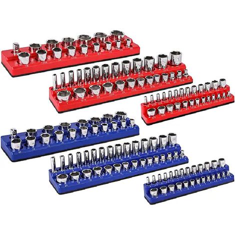 Un ensemble de 6 organiseurs magnétiques rouges et bleus pour manchons permet de ranger proprement les manchons de 1/4, 3/8 et 1/2 pouce. (1/5)