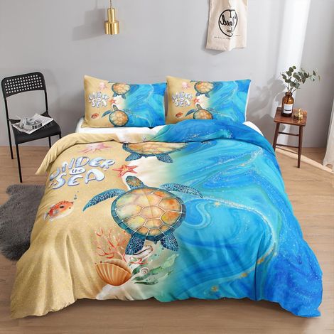 Bettwäsche-Set Unterwasserwelt 200x200 cm mit Schildkrötenmuster, 1 Bettbezug, 2 Kissenbezüge