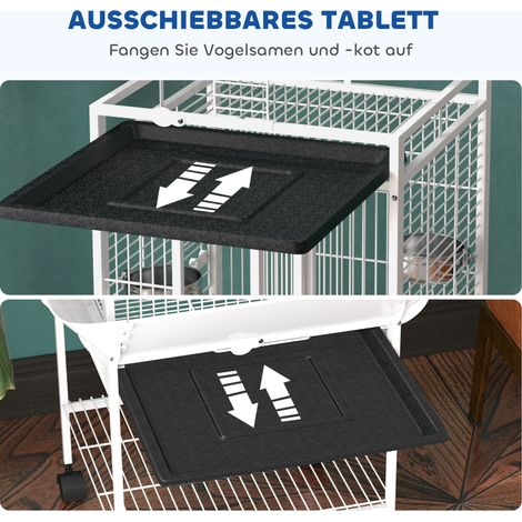 Cage pour perroquet avec 3 portes, 2 perchoirs, roulettes pivotantes 360°, mangeoire, étagère, espace de jeu, 62,5 x 62,5 x 156 cm, blanche