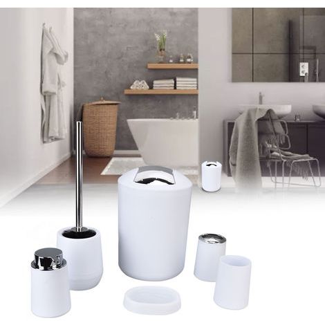 6-Piece Stainless Steel Bathroom Accessory Set - Elegant White Toothbrush Holder and Trash Can (1/5)