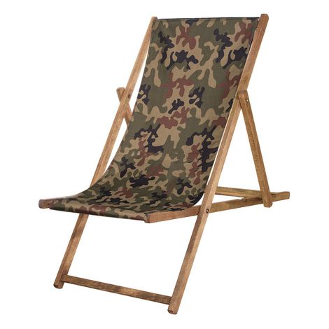 Sedia a sdraio in legno impregnato con tela cammuffata.