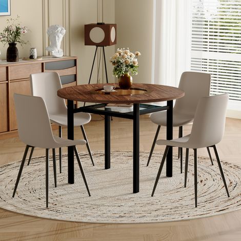 Ensemble Table Ronde et 4 Chaises Table à Manger 100 cm avec Étagère en Verre Plateau Bois Brun et Chaises PU Gris (1/5)
