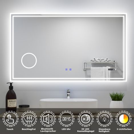 LED Badspiegel 140x80cm mit Uhr Bluetooth 3 Lichtfarbe Dimmbar Beschlagfrei 3-Fach klares vergrößertes Speicherfunktion (1/5)