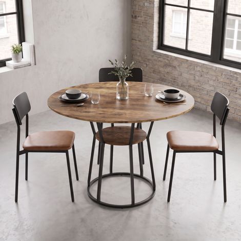 Table à manger ronde 120 cm , avec étagère de rangement, style industriel, pour 4 à 6 personnes, pour cuisine salon bureau - Marron (1/5)