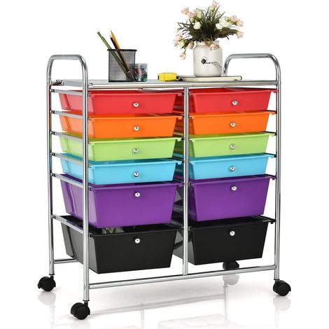 GOPLUS Chariot de Rangement 12 Tiroirs, 64 x 38 x 75 CM, Tour de Rangement à roulettes, Cadre en Acier, pour Chambre, Coloré A