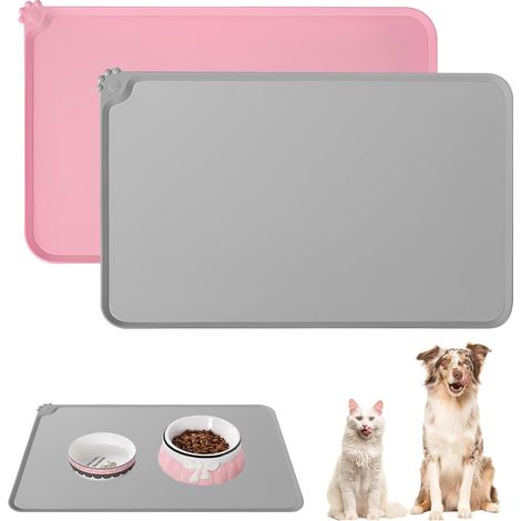 Lot de 2 tapis de gamelle pour chien et chat - En silicone imperméable et antidérapant - Pour chien et chat - 48 x 30 cm - Noir et gris (rose + gris, 48 x 30 cm) (1/4)