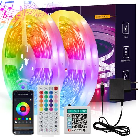 Bande LED RGB 15m 24V SMD 3535 – 16 LEDs/m, Contrôle Bluetooth Intelligent avec Microphone Intégré, Télécommande 44 Touches, Ruban Lumineux Changeant de Couleur Arc-en-Ciel pour Décoration Intérieure- (1/4)