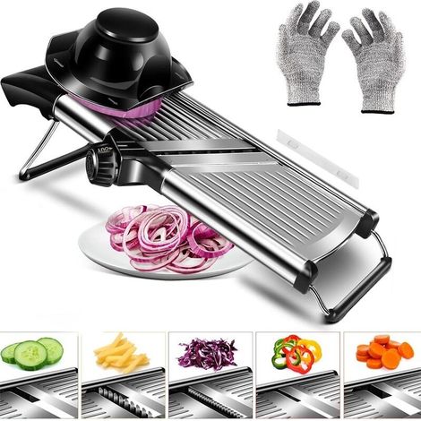 Mandoline Cuisine, Coupe Legumes Inox Professionnelle, Coupe Frites Manuel avec Protège Main et Gants de Sécurité, Mandoline Multifonctions avec Lames Réglable (Argent) (1/4)