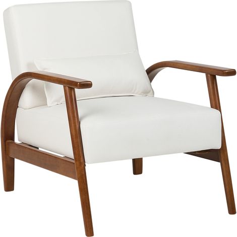 Sillón fabricado en piel sintética de estilo retro con reposabrazos y patas de madera color blanco crema Skara