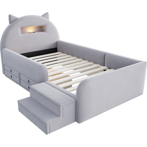 Lit enfant rembourré 90 x 200 cm avec tête de lit en forme d'oreilles, éclairage nocturne et tiroirs de rangement, tissu velours gris clair, sans matelas (1/5)