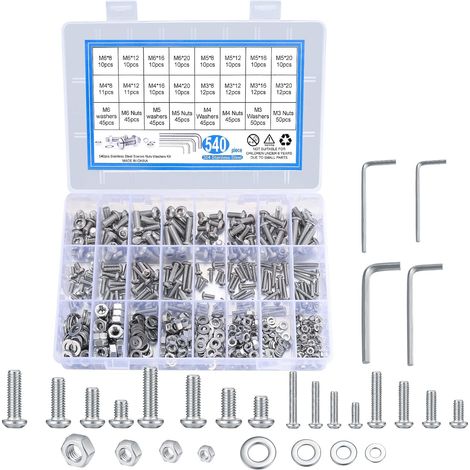 540 Pièces Vis écrous et Rondelles à Tête Hexagonale en Acier Inoxydable, Assortiment de Vis à Tête Cylindrique Bombée M3 M4 M5 M6, Visser à Métaux, avec Clé (1/5)