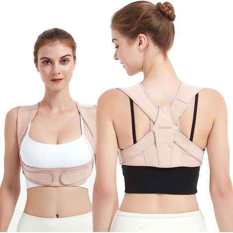 Correcteur de posture homme et femme, dos droit, soutien lombaire respirant, ceinture dorsale ajustable, soulagement douleurs épaules et colonne, correction corporelle, taille S-M, couleur nude (1/5)