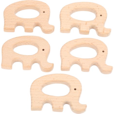 5Pcs Wooden Teether Toys Natural Beech Sturdy Durable Impact Resistance Smooth Safe Non Toxic Wood Teething RingsElephant (1/5)