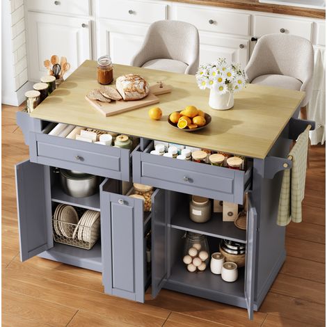 Isla de cocina móvil (121x69x89 cm), encimera abatible, 4 cajones, ruedas con freno, MDF, natural y gris (1/5)