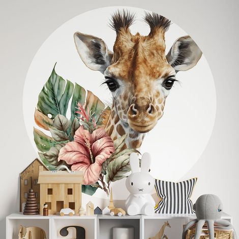Sticker mural rond / cercle Enfants - Girafe - Diamètre 40 cm - Adhésif + Protection MATE (1/2)