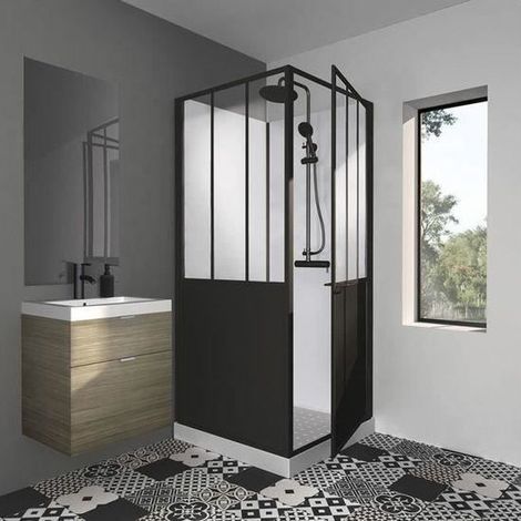 Cabine de douche 90x90x220 cm – Style industriel noir – Porte pivotante en verre 6 mm – Robinetterie incluse – Profilés en aluminium noir mat – Gelco (1/6)