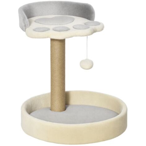 Arbre à chat griffoir grattoir en forme de patte 2 plateformes et un pompon suspendu hauteur 44 cm gris (1/5)