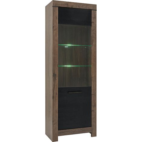 Vitrine en verre trempé à 1 porte avec éclairage LED, coloris Chêne marron foncé/Chêne noir - Longueur 68 x Profondeur 39,5 x Hauteur 196,5 cm (1/5)