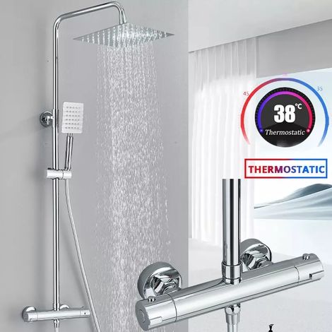 Colonne de Douche Thermostatique,tête de douche 200mm,Colonne de Douche avec Mitigeur en Acier Inox pour Salle de Bain,Douche à Pluie Réglable en Hauteur, (1/5)