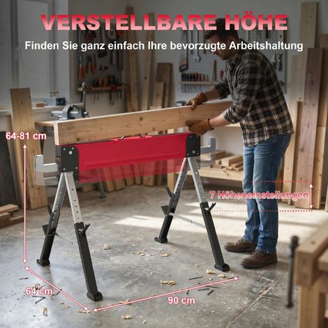 Lot de 2 Tréteaux pliants jusqu'à 1160 kg, réglables en hauteur sur 7 positions (64-81 cm), en métal rouge avec poignée. (1/4)