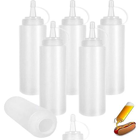 JSSEVN - Condiment Squeeze Bottles, 6 pcs 8 oz Sauce Bottles with Caps, Clear Bottles for Sauces - BPA Free, for Mustard, Seasonings, Ketchup, Mayo, Olive Oil (1/5)