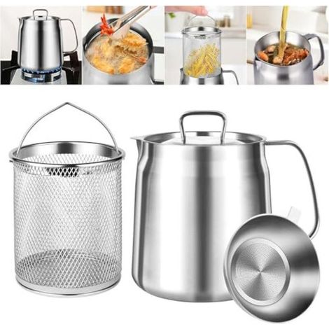 Olla filtrante de acero inoxidable de 2 litros, recipiente para grasa de tocino con colador y cesta para freír, colador de aceite 2 en 1, separador de aceite, almacenamiento, ayudante de cocina. (1/5)