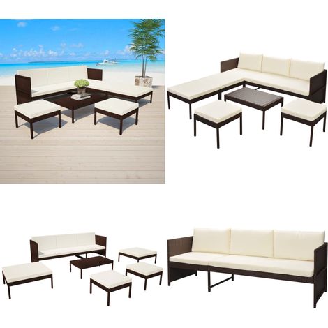 6-tlg. Garten-Lounge-Set mit Auflagen Poly Rattan Braun - Gartenmöbel - Lounge-Set - Rattan Sofa - Outdoor Furniture - Esszimmergarnituren - Home & Living