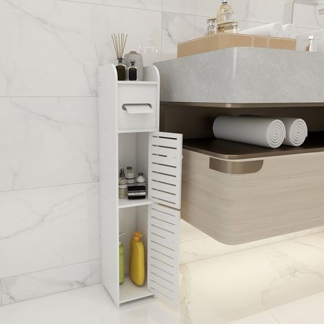 Badezimmerschrank, Badschrank, Badezimmermöbel mit Toilettenpapierhalter, Schmale Säule Für Badezimmer, Wohnzimmer, Küche, weiß (1/5)