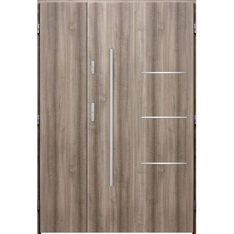 Porte d'entrée double PIRAS 130x200 cm chêne blanchi - Poignée et serrure : Sans - Poussant: Droit