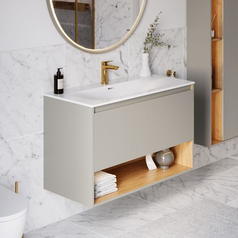 BERNSTEIN - Mobile lavabo sospeso MDF Grigio Seta opaco, lavabo DURAVIT Bianco lucido + foro rubinetto, troppopieno, piletta - 103x49x62cm - BELDIVO Grigio seta opaco (1/5)