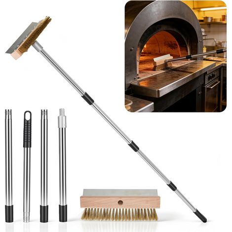 Pizza Oven Brush avec grattoir, Manche réglable 145 cm en Aluminium Brosse 2-en-1 à poils en laiton, tête 25,5 cm, cepillo para horno de pizza pour cuisine, barbecue et usage (1/5)