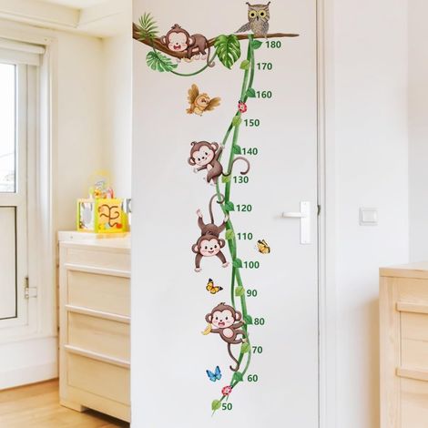 Wandaufkleber Messskala Affen Ranken Ast Eule Vogel Baum Kinder