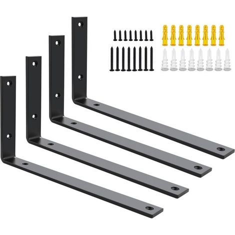 4-Piece Heavy-Duty Wall Shelf Brackets, 5mm Thick 90° Right Angle Metal Shelf Supports, Floating Mount Brackets for Living Room, Bedroom, Kitchen, 300mm x 150mm, Black