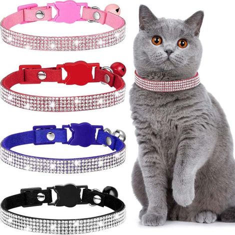 Strassverzierte Katzenhalsbänder (4er-Set), Sicherheitshalsbänder mit Glöckchen und weichem Samtfutter, 4 Farben