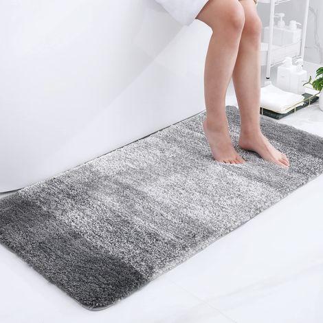 Tapis de Salle de Bain Doux, 60 x 120 cm, antidérapant, Lavable, Moelleux à Poils Longs, en Microfibre absorbante, Gris (1/5)