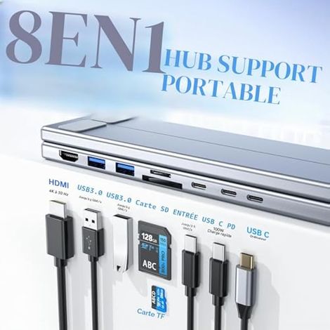 Support Ordinateur Portable, 8 en 1 Station d'accueil USB C Laptop Stand Docking Station USB C Hub HDMI 4K@30Hz, PD 100W, Support PC Pliable Adaptateur USBC Dock Compatible avec MacBook Pro/Air (1/4)