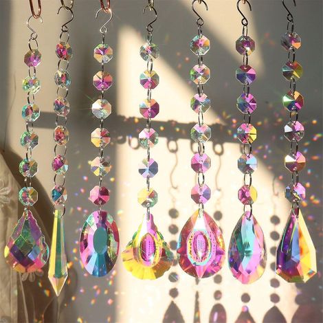 Set mit 3 Kristall-Sonnenfänger-Anhängern und Regenbogen-Chakra-Perlen, zum Aufhängen am Fenster oder im Garten, Geschenkidee (1/5)