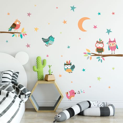 Stickers muraux Sticker Mural Autocollant - HIBOUX ET OISEAUX CHANTEURS DES BOIS - Stickers adhésifs - 80x60cm (1/5)