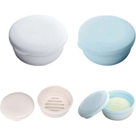 Blue and White Plastic Soap Dish with Portable Drying Layer for Travel - Set of 2 Soap Boxes (Round) (1/4)