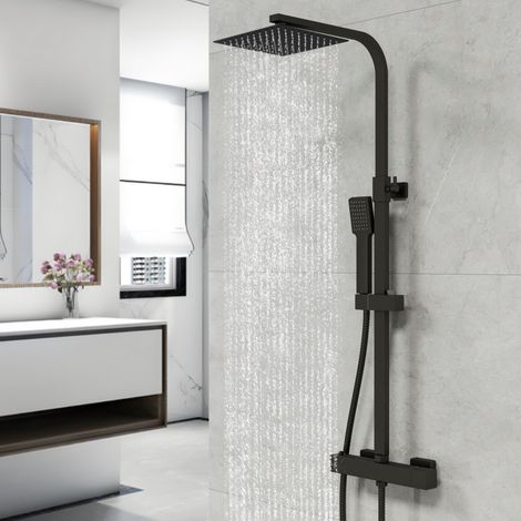 Biubiubath – Colonne de douche thermostatique noire – Douche à tête carrée 200mm – Mitigeur réglable en hauteur – Système anticalcaire – Installation murale (1/5)