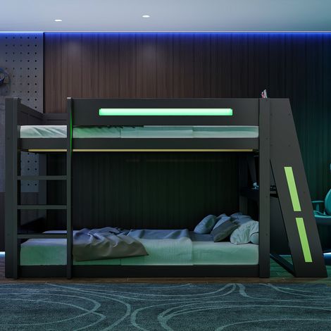 Lit superposé en bois de 140x200 cm avec bureau,deux compartiments de rangement,port USB et éclairage LED,noir + vert (1/5)