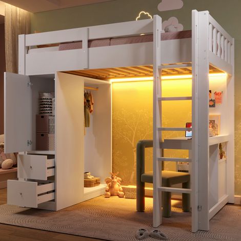 Hochbett 90x200 mit Schreibtisch, Stauraum und LED Weiß OKMYHOME (1/5)