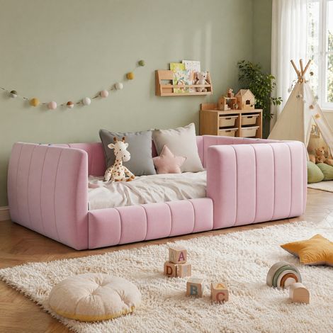 Letto a piattaforma imbottito 90 x 200 cm con sponde di sicurezza in velluto rosa OKWISH (1/5)