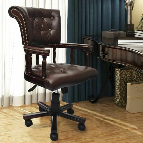 Poltrona ufficio Chesterfield regolabile in Legno rivestita in pelle Marrone (1/5)