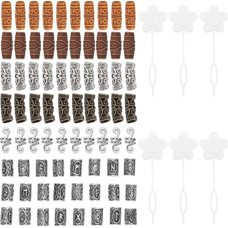 Ensemble de 80 accessoires pour perruques, dreadlocks et coiffures DIY : perles à gros trou, ressorts tubulaires courbés en alliage, perles de barbe runiques vikings, argent. (1/5)